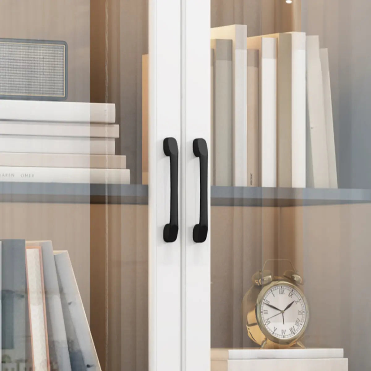 Trendy White Glass Doors Vertical Wooden Bookcases Image - 17