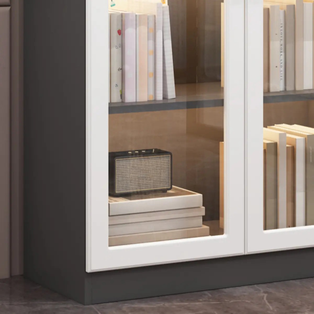 Trendy White Glass Doors Vertical Wooden Bookcases Image - 21