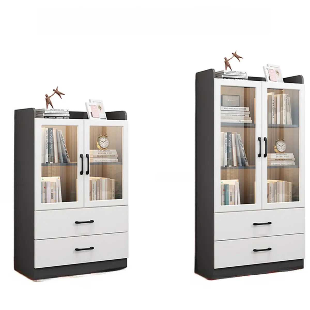 Trendy White Glass Doors Vertical Wooden Bookcases Image - 25