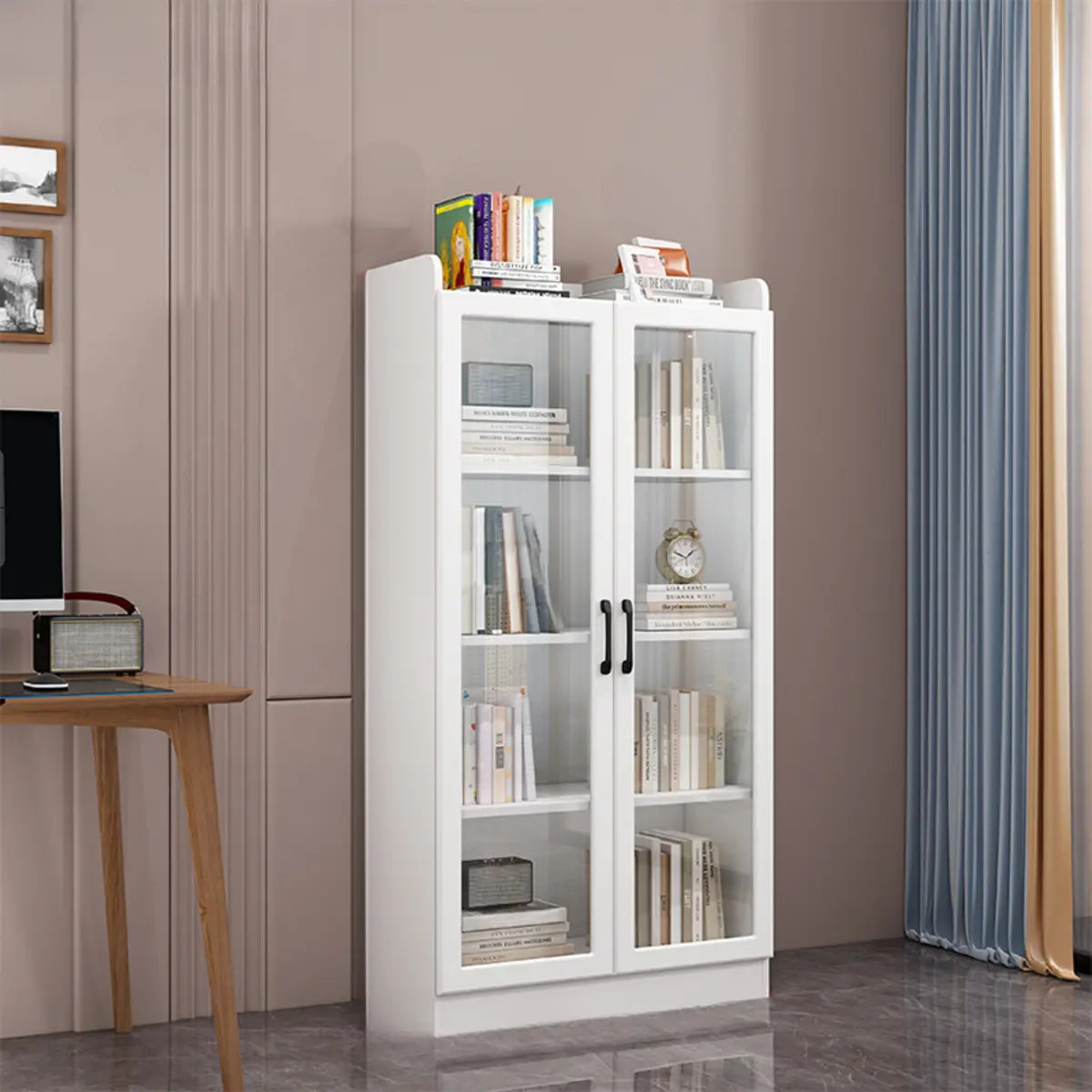 Trendy White Glass Doors Vertical Wooden Bookcases Image - 4