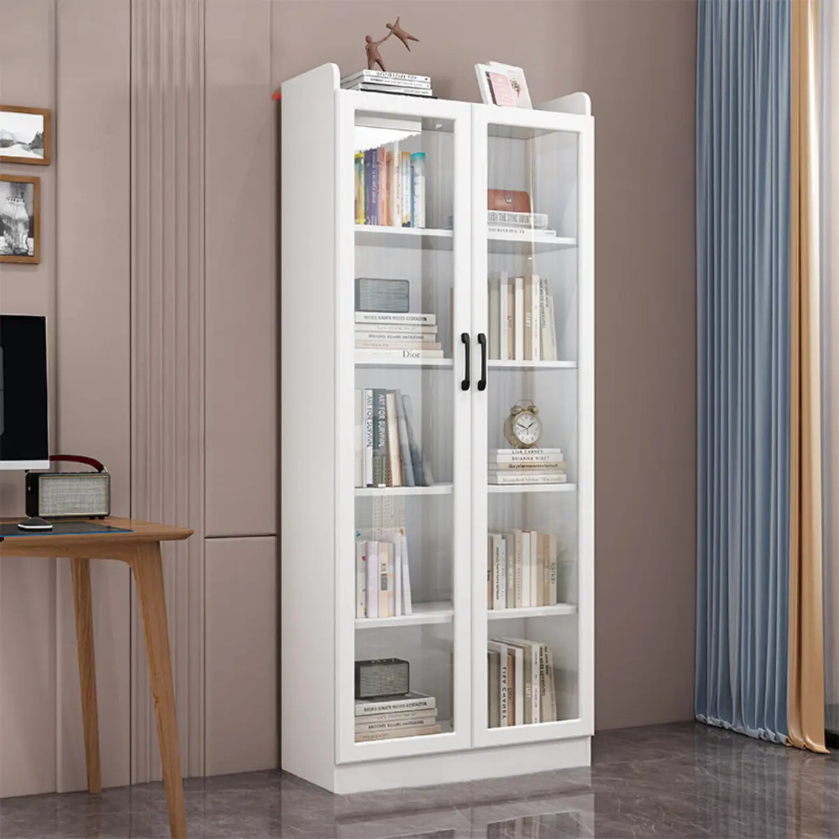 Trendy White Glass Doors Vertical Wooden Bookcases Image - 5