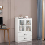 Trendy White Glass Doors Vertical Wooden Bookcases Image - 7