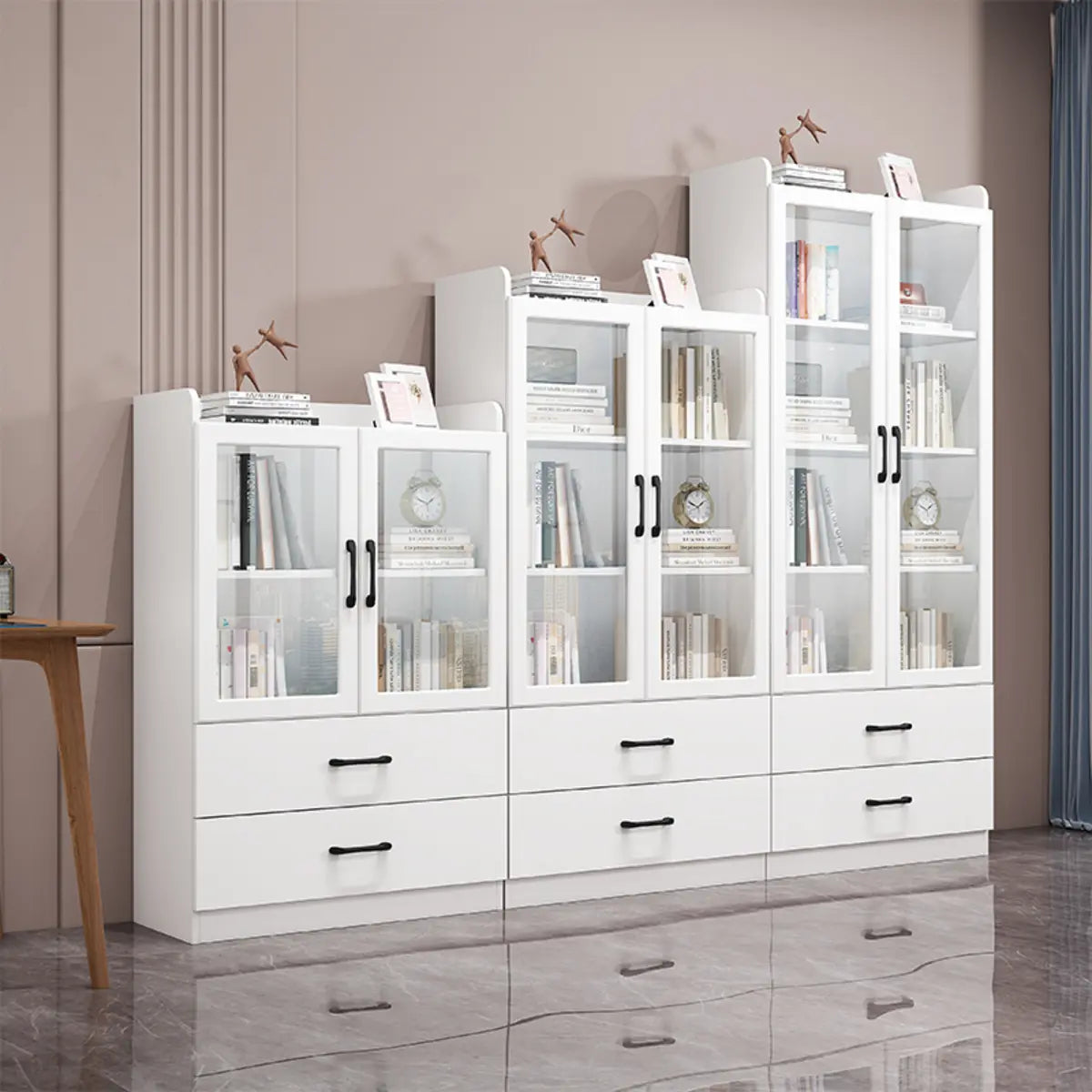 Trendy White Glass Doors Vertical Wooden Bookcases Image - 8