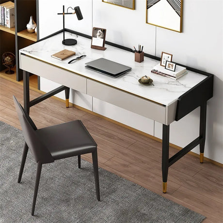 Trendy White Wood Drawers H-Shape Single Computer Desk Image - 1