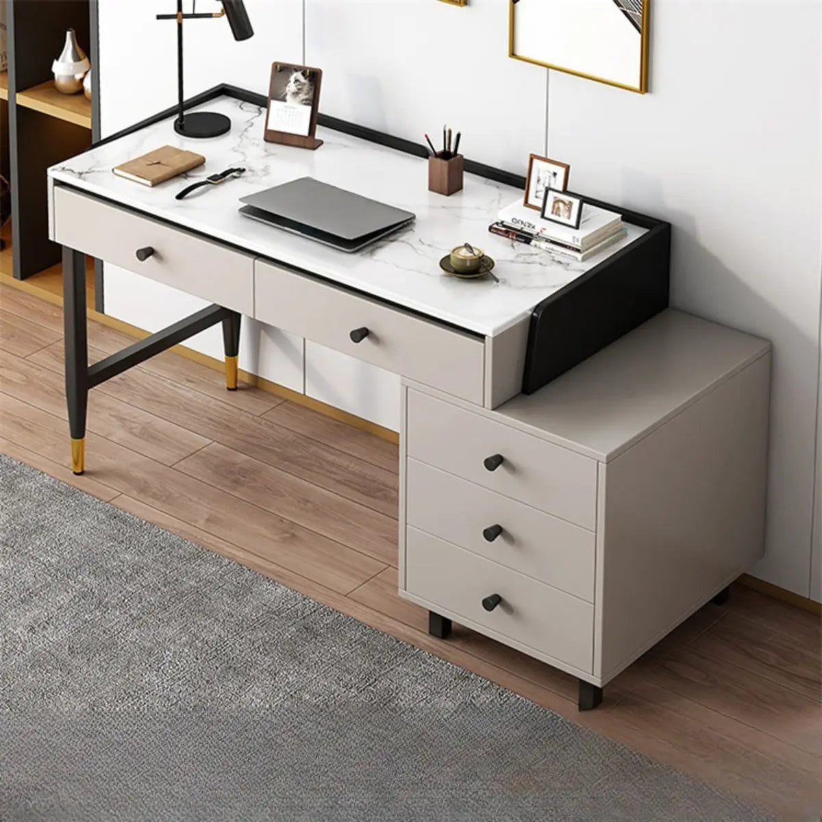 Trendy White Wood Drawers H-Shape Single Computer Desk Image - 5