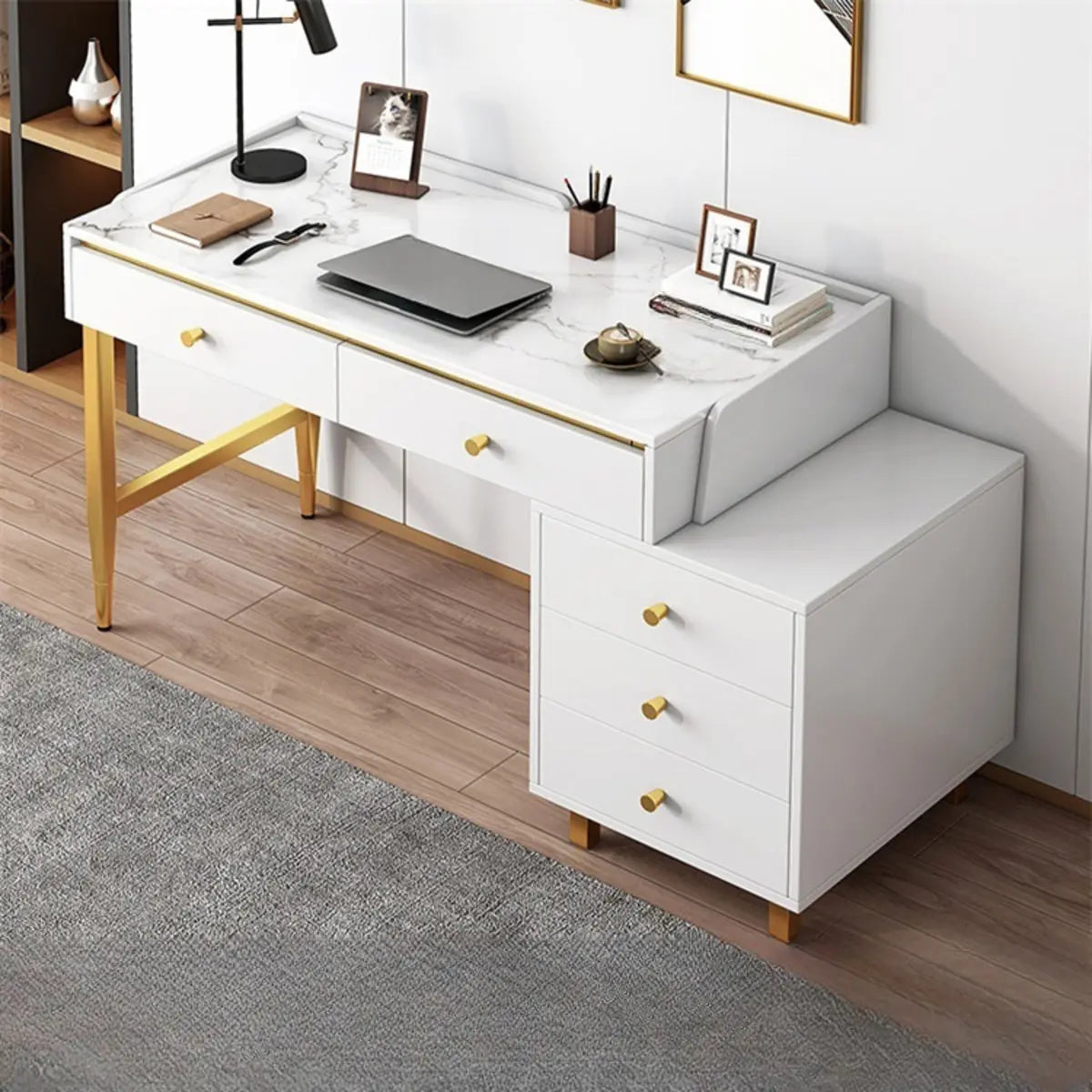 Trendy White Wood Drawers H-Shape Single Computer Desk Image - 6