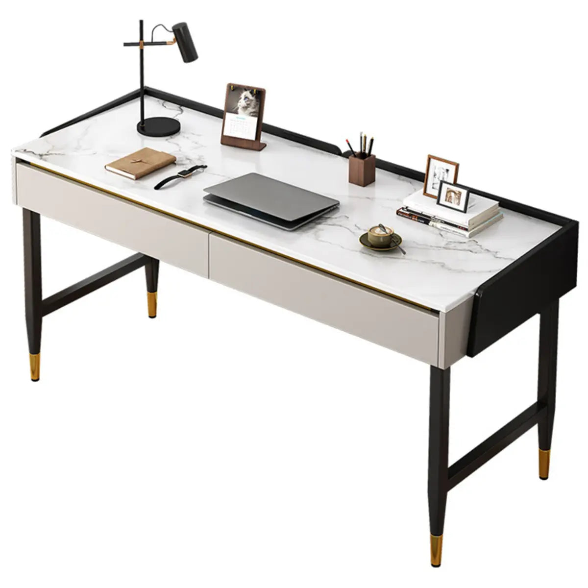 Trendy White Wood Drawers H-Shape Single Computer Desk Image - 7