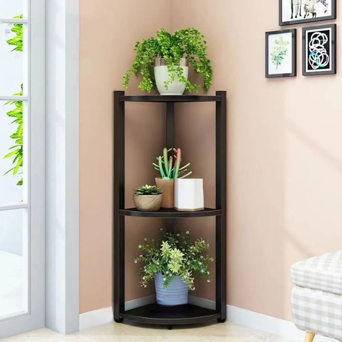 Triangle Corner Wood Display Plant Stand Black-White Image - 10