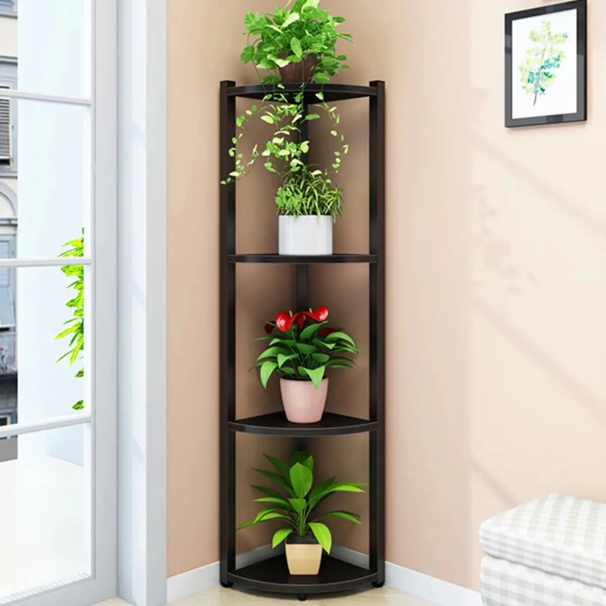 Triangle Corner Wood Display Plant Stand Black-White Image - 12