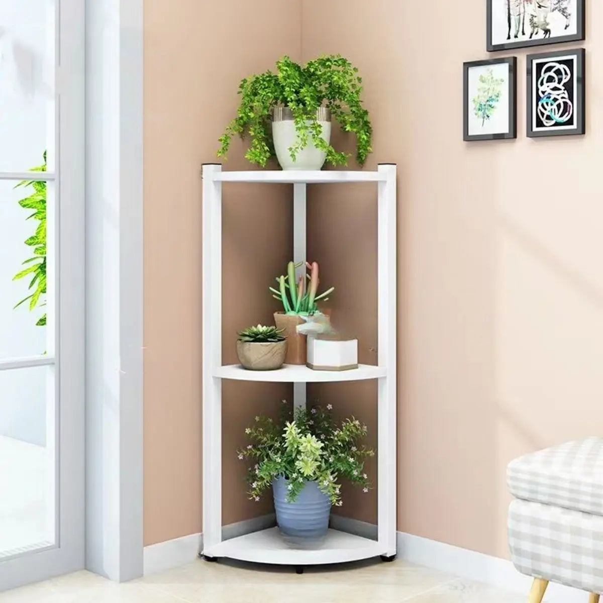 Triangle Corner Wood Display Plant Stand Black-White Image - 2