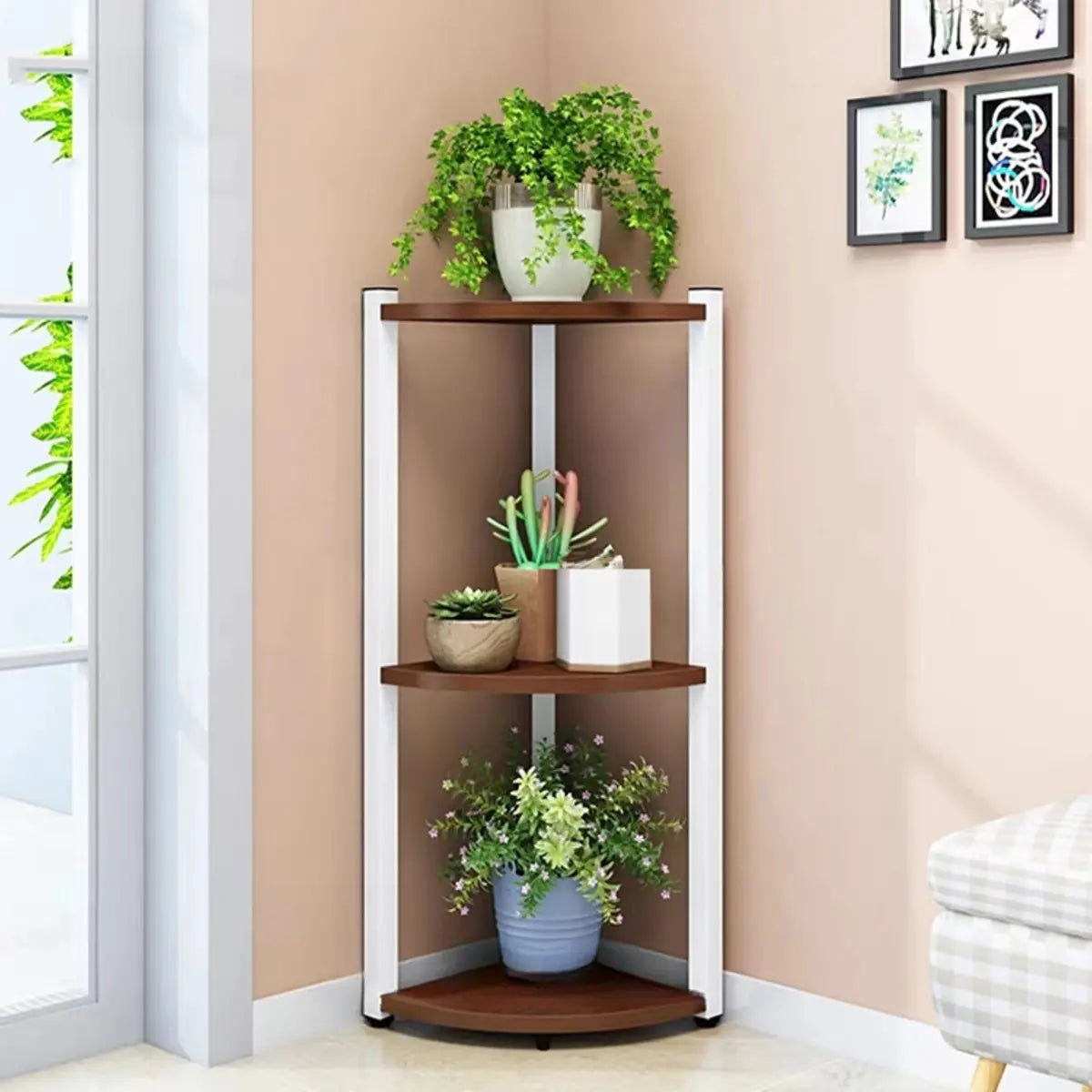 Triangle Corner Wood Display Plant Stand Black-White Image - 21