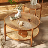 Tropical Wood Glass Round Shelf Four Legs Coffee Table Image - 4