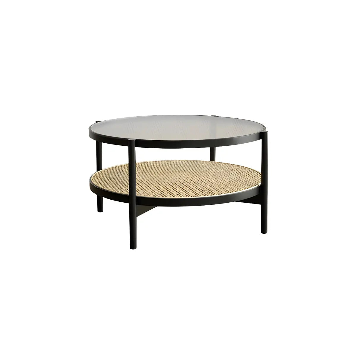 Tropical Wood Glass Round Shelf Four Legs Coffee Table Image - 9