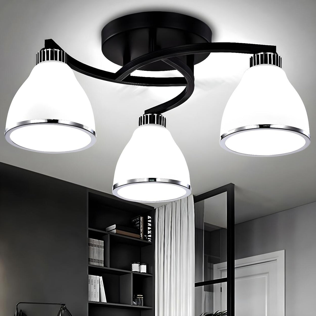 Trumpet-Shaped Black Semi-Flush Mount Light 3-Light Image - 11