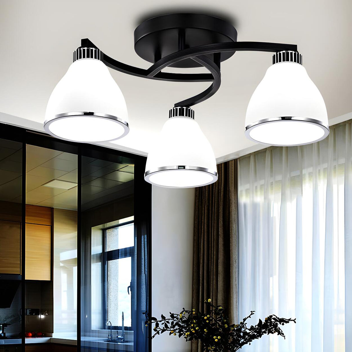 Trumpet-Shaped Black Semi-Flush Mount Light 3-Light Image - 14