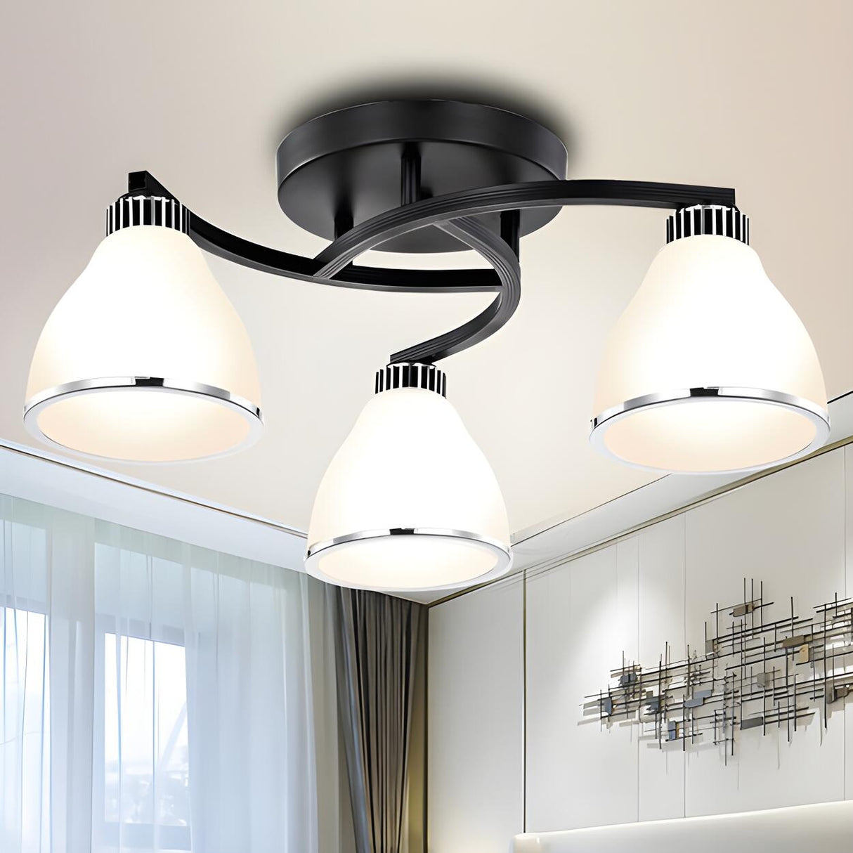 Trumpet-Shaped Black Semi-Flush Mount Light 3-Light Image - 2