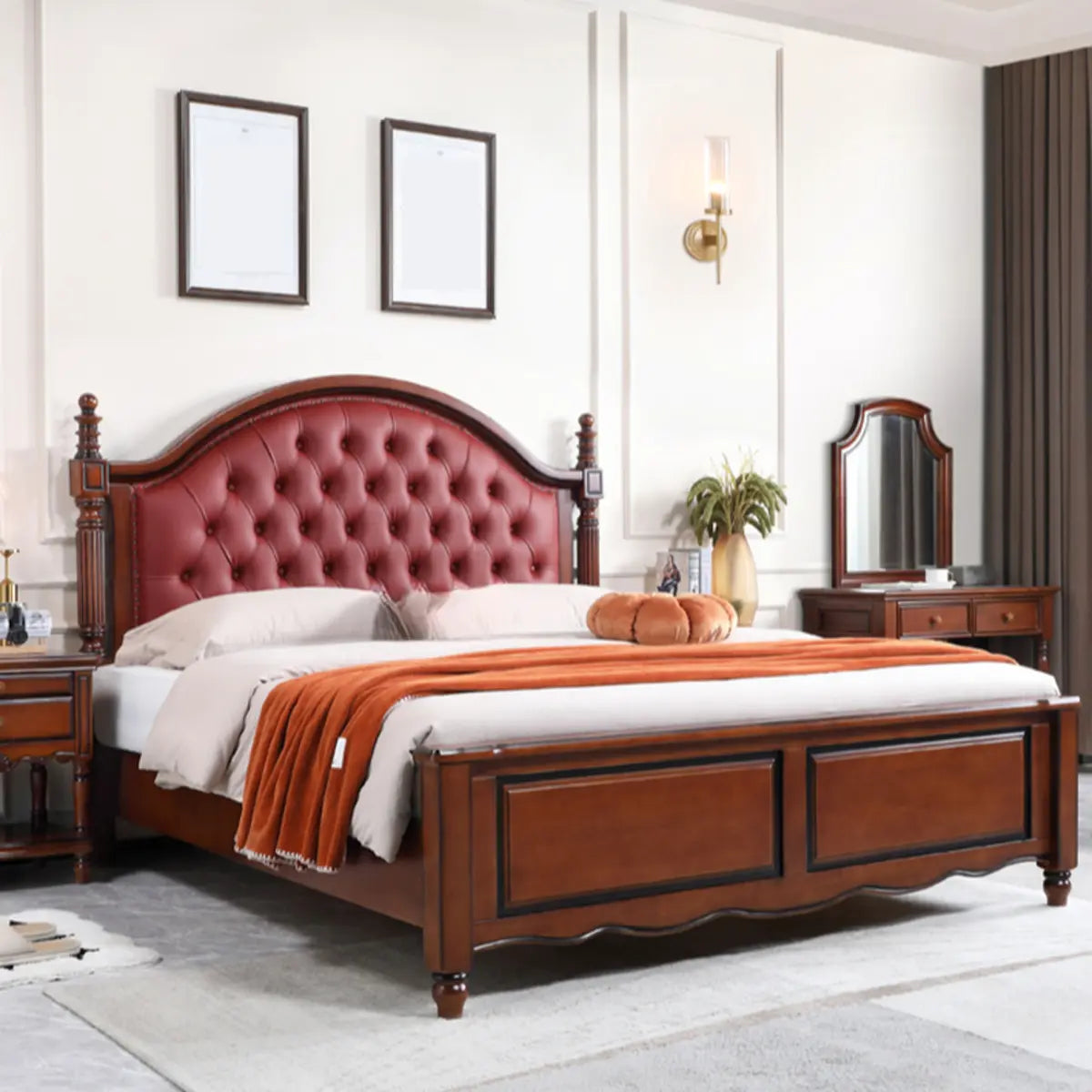 Tufted Arched Brown Wood Queen Nailhead Trim Headboard Bed Image - 1