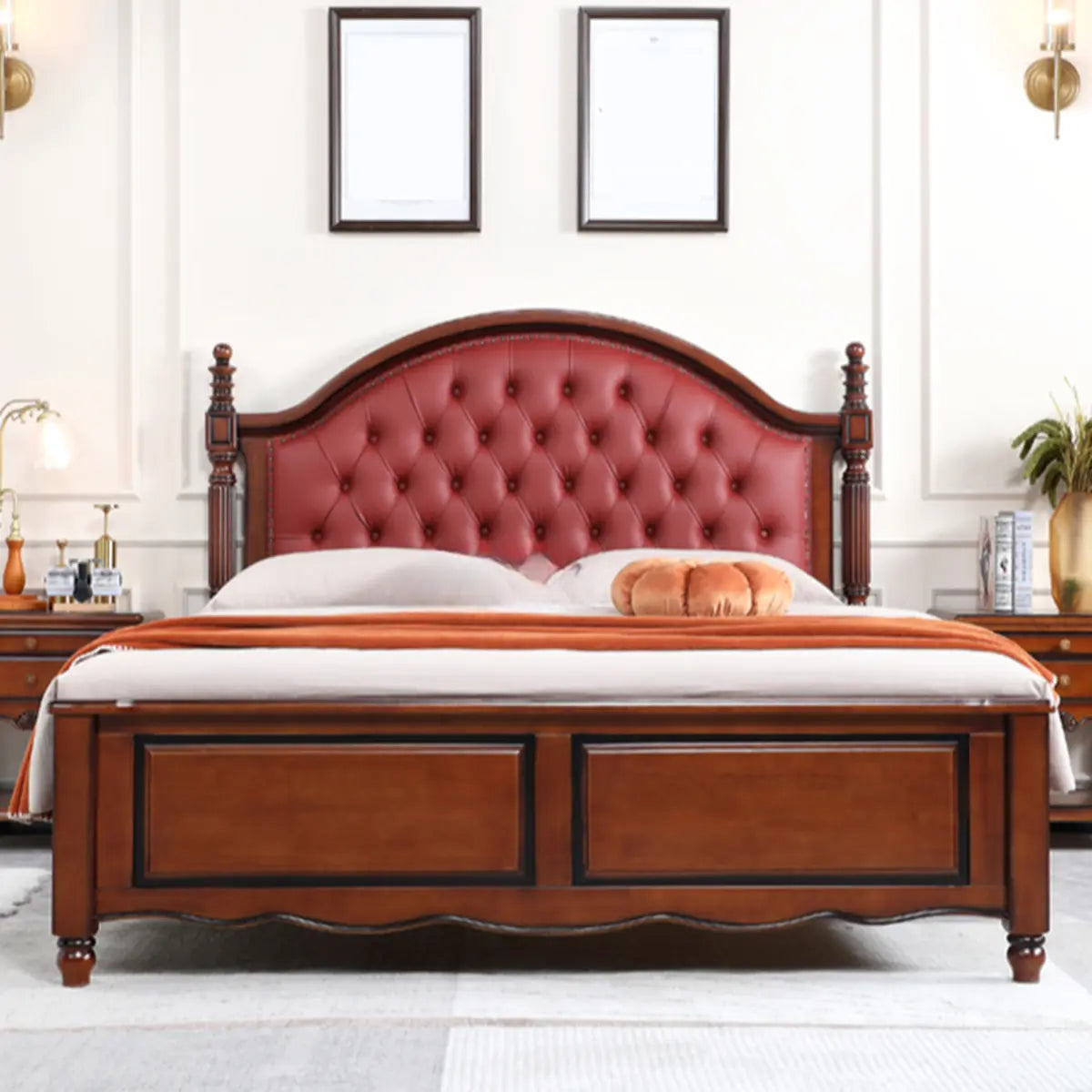 Tufted Arched Brown Wood Queen Nailhead Trim Headboard Bed Image - 3