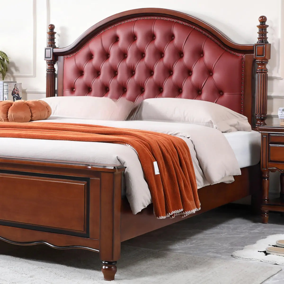 Tufted Arched Brown Wood Queen Nailhead Trim Headboard Bed Image - 4