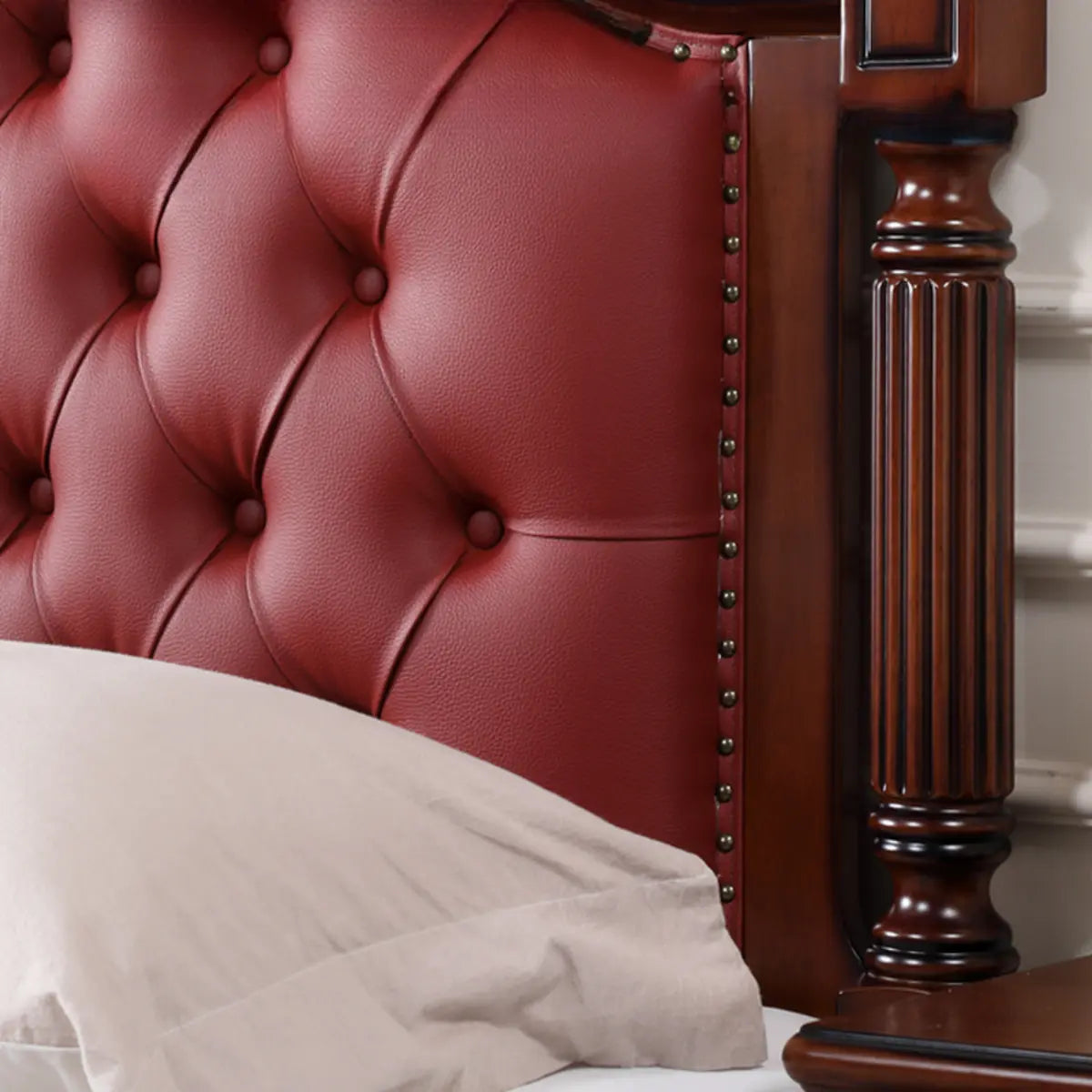 Tufted Arched Brown Wood Queen Nailhead Trim Headboard Bed Image - 5