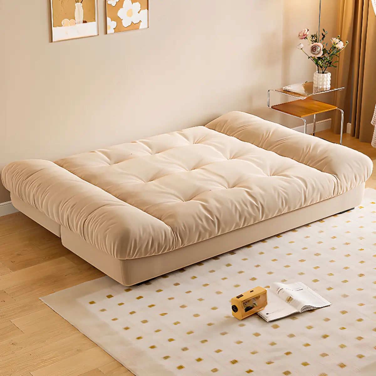 Tufted Biscuit Back Light Khaki Sofa Futon with Mattress Image - 3