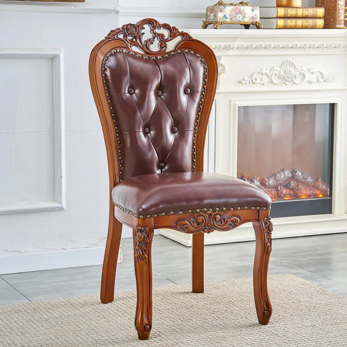 Tufted Leather Nailhead Trim Leather Dining Chair Brown Image - 13