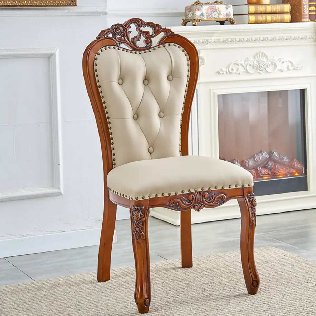 Tufted Leather Nailhead Trim Leather Dining Chair Brown Image - 14