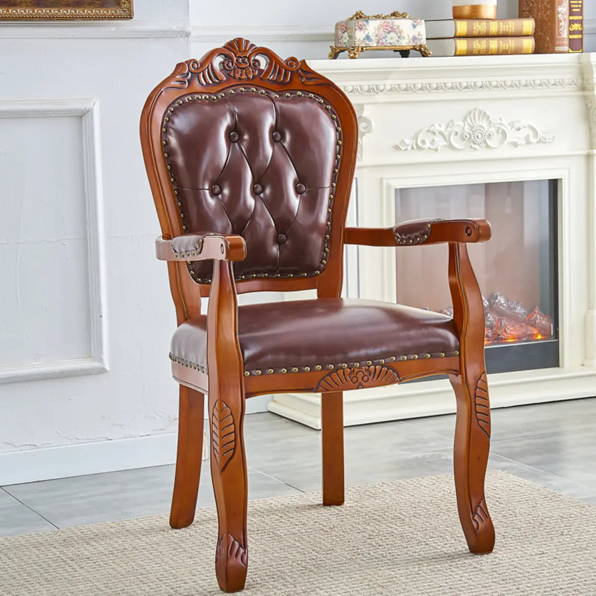 Tufted Leather Nailhead Trim Leather Dining Chair Brown Image - 21