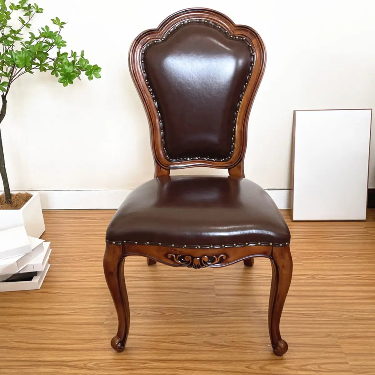 Tufted Leather Nailhead Trim Leather Dining Chair Brown Image - 26