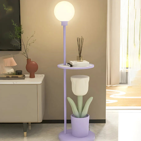 Tulip Planter Pink Globe Floor Lamp with Side Table Image - 2