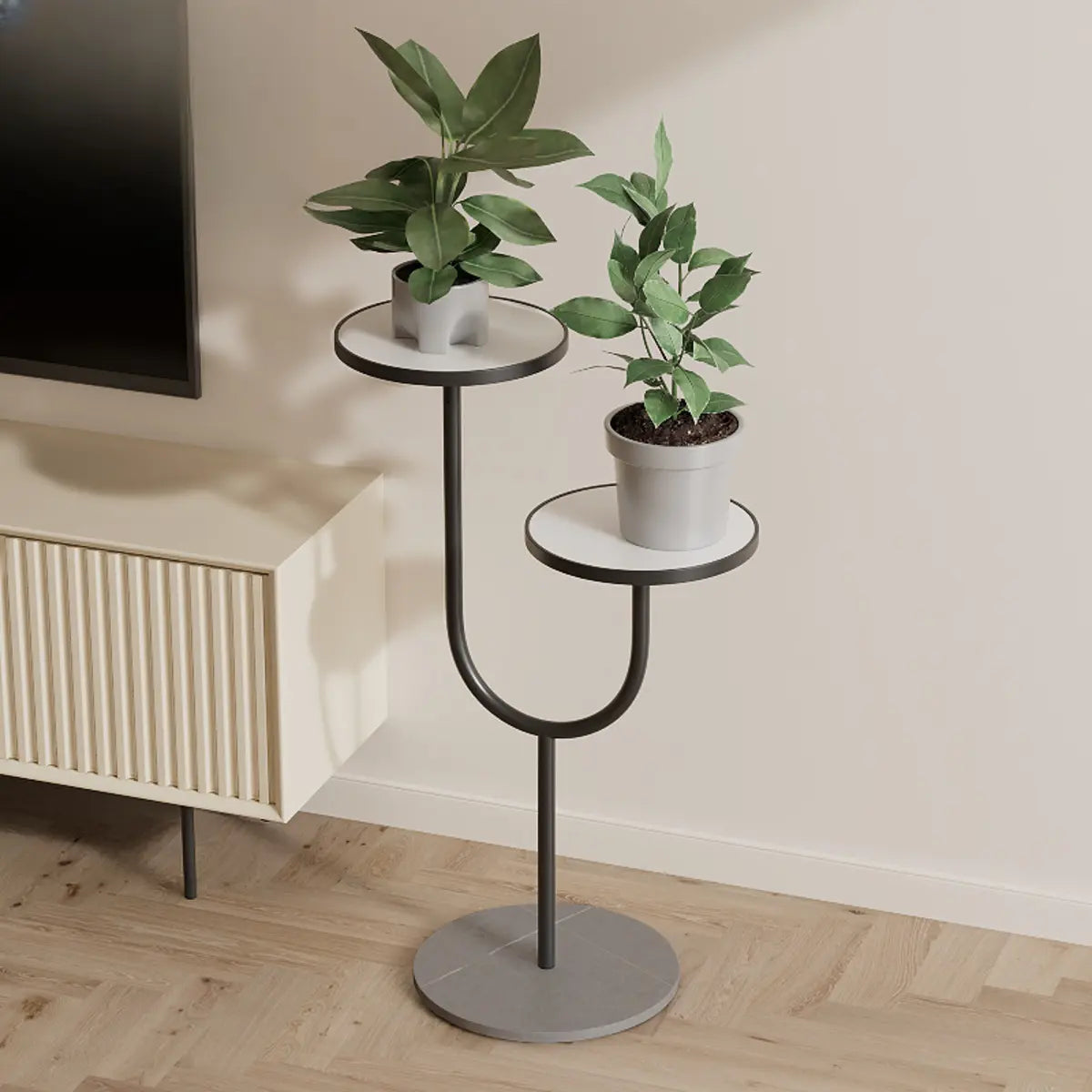 U-Shaped Round Tray 2 Tiers Floor Plant Stand Black Image - 13