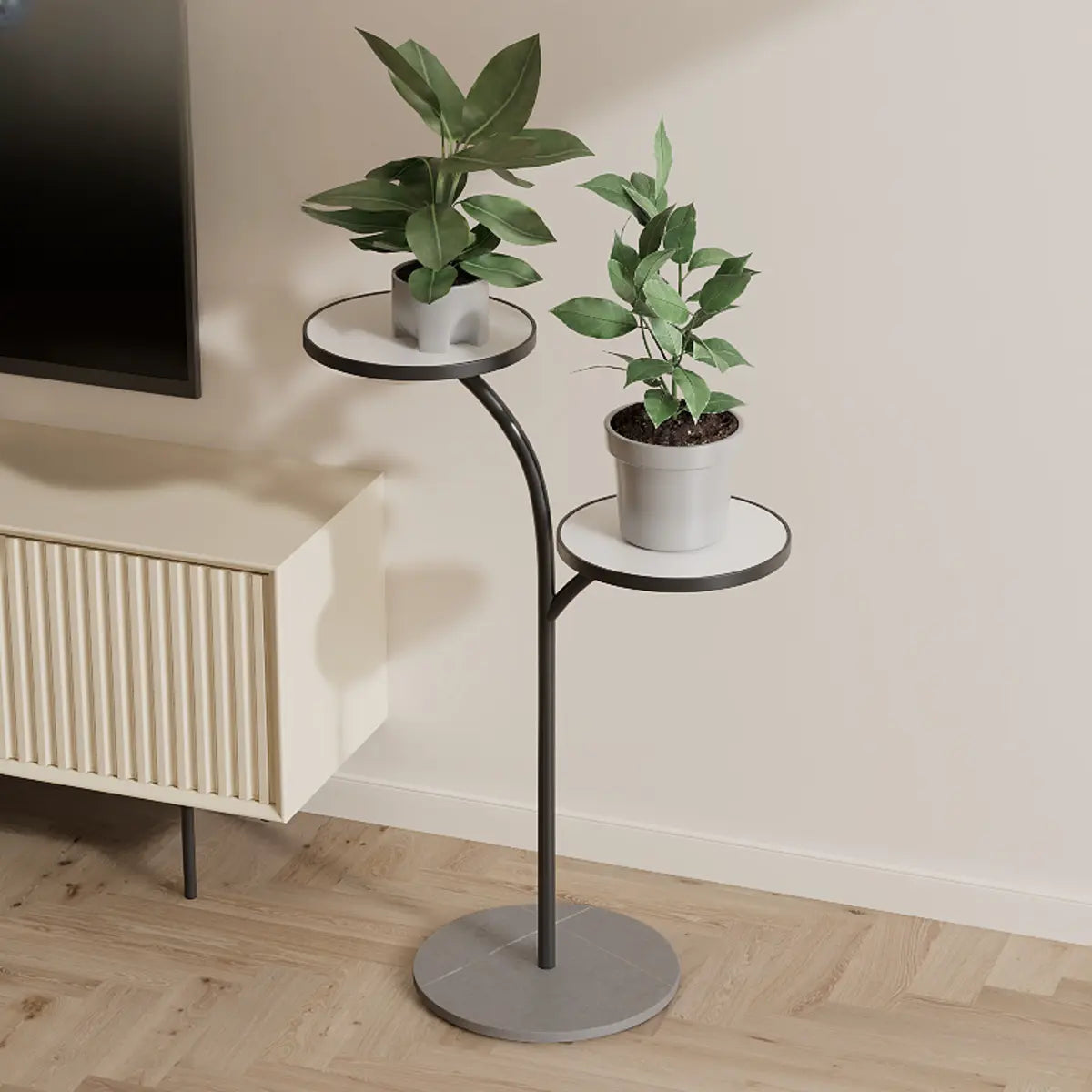 U-Shaped Round Tray 2 Tiers Floor Plant Stand Black Image - 14