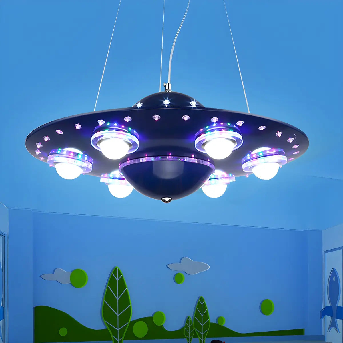 UFO Metal Kids Room Dark Blue LED Small Chandelier Image - 2