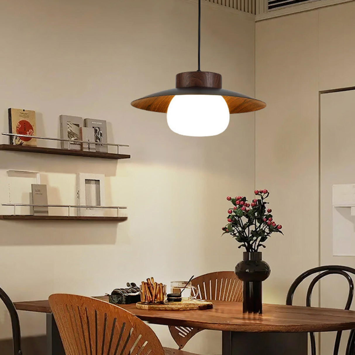 Ultra Modern UFO Wood Resin Pendant Light Adjustable Cord Image - 14