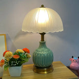 Umbrella-Shaped Dome Glass Shade Ceramic Table Lamp Image - 1