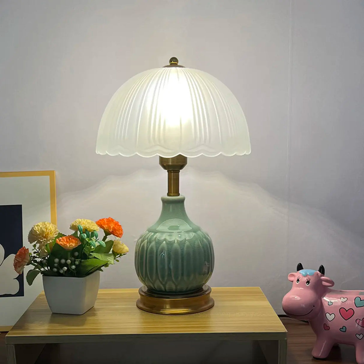 Umbrella-Shaped Dome Glass Shade Ceramic Table Lamp Image - 4