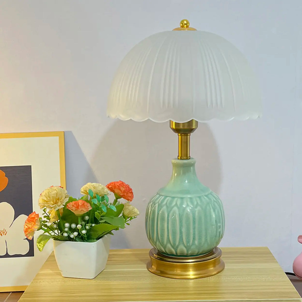 Umbrella-Shaped Dome Glass Shade Ceramic Table Lamp Image - 8