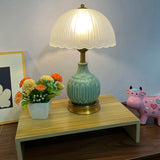 Umbrella-Shaped Dome Glass Shade Ceramic Table Lamp Image - 9