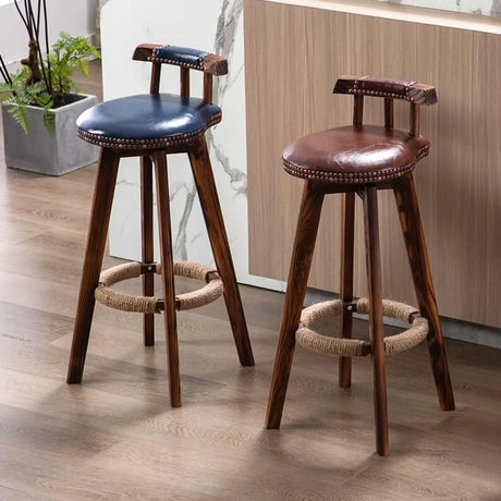 Unfinished Wood Round Low Back Leather Bar Stools Image - 1