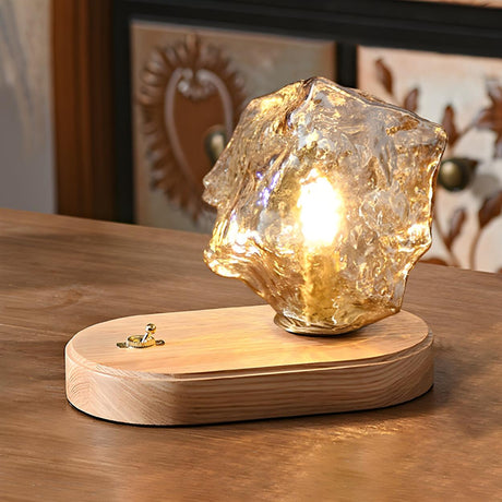 Unique Art Rock Shape Glass Shade Wood Base Table Lamp Image - 2