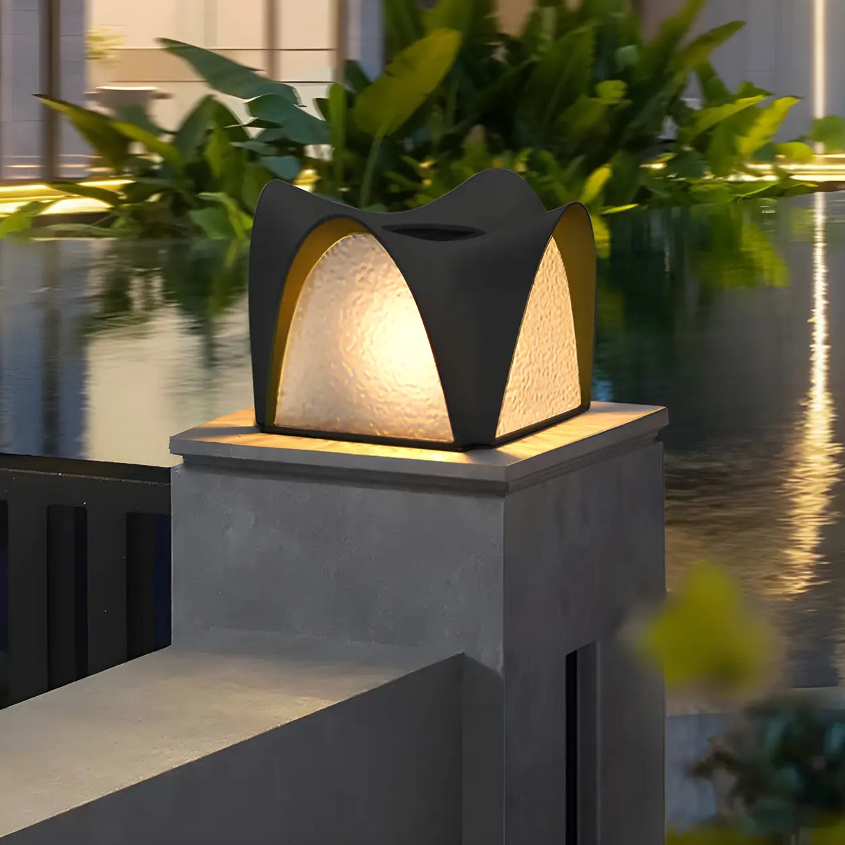 Unique Black Geometric Curved Metal Outdoor Table Lamp Image - 2