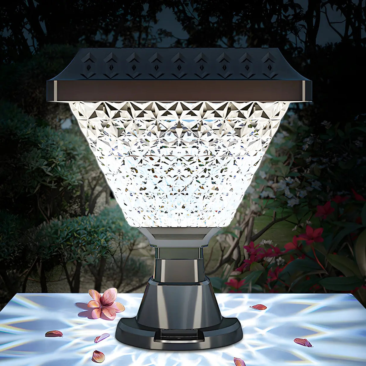 Unique Diamond Geometric Glass Post Outdoor Table Lamp Image - 3