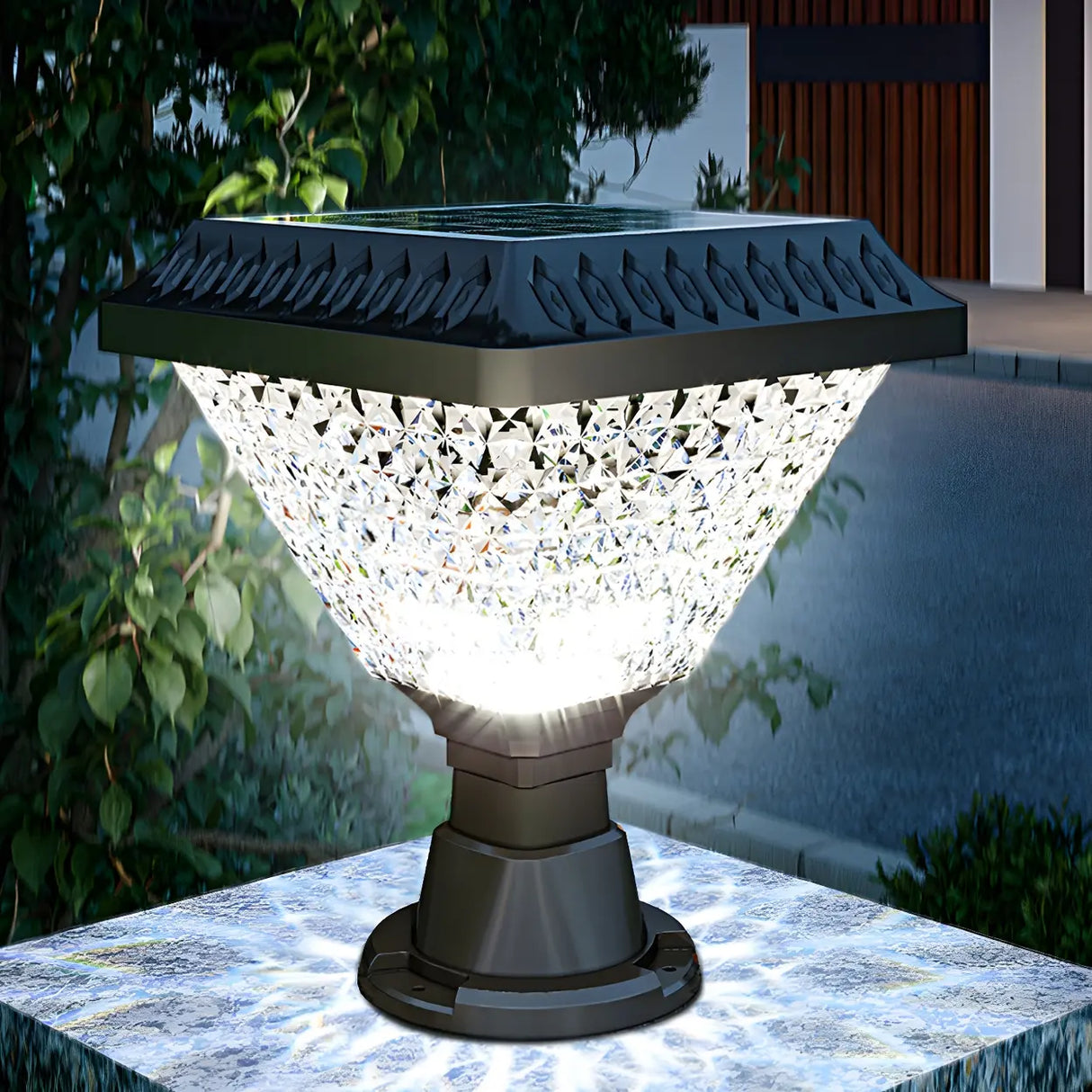 Unique Diamond Geometric Glass Post Outdoor Table Lamp Image - 8