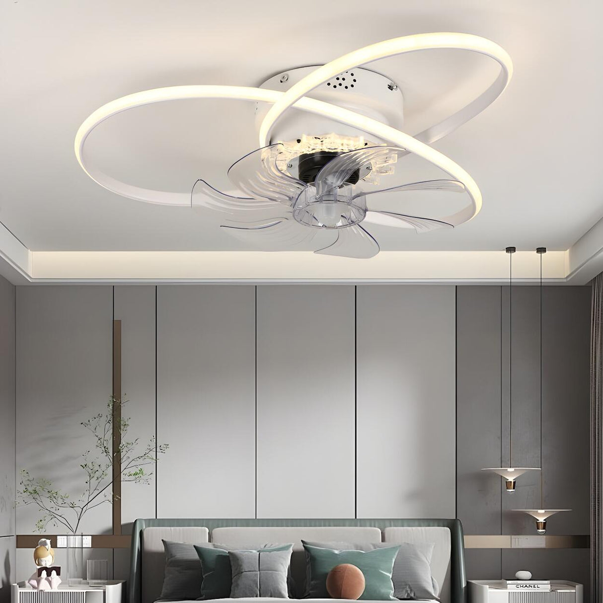 Unique Dual Ring Recessed Ceiling Fan with LED Light Image - 15