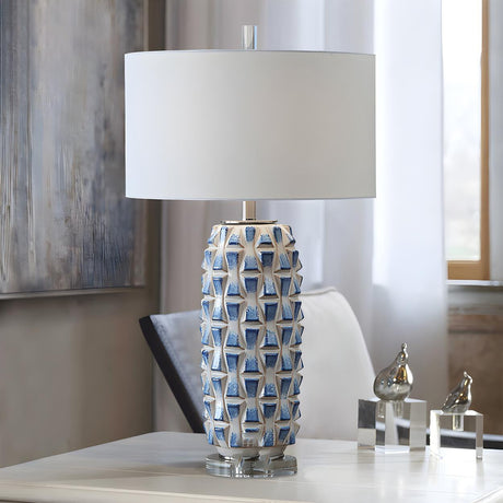 Unique Fabric Drum Shade Ceramic Textured Table Lamp Image - 1