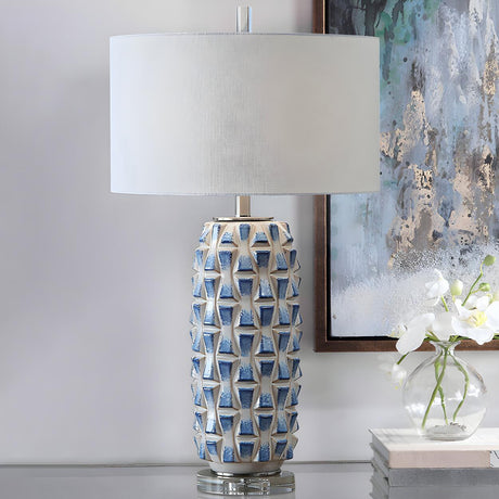 Unique Fabric Drum Shade Ceramic Textured Table Lamp Image - 2