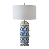 Unique Fabric Drum Shade Ceramic Textured Table Lamp Image - 5