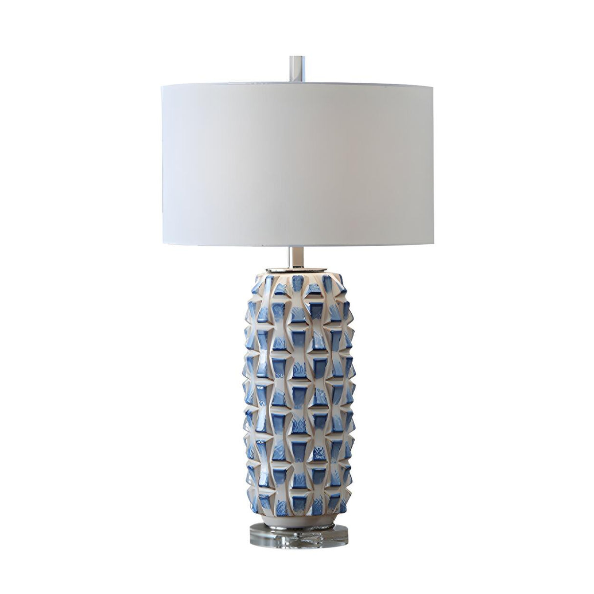 Unique Fabric Drum Shade Ceramic Textured Table Lamp Image - 6