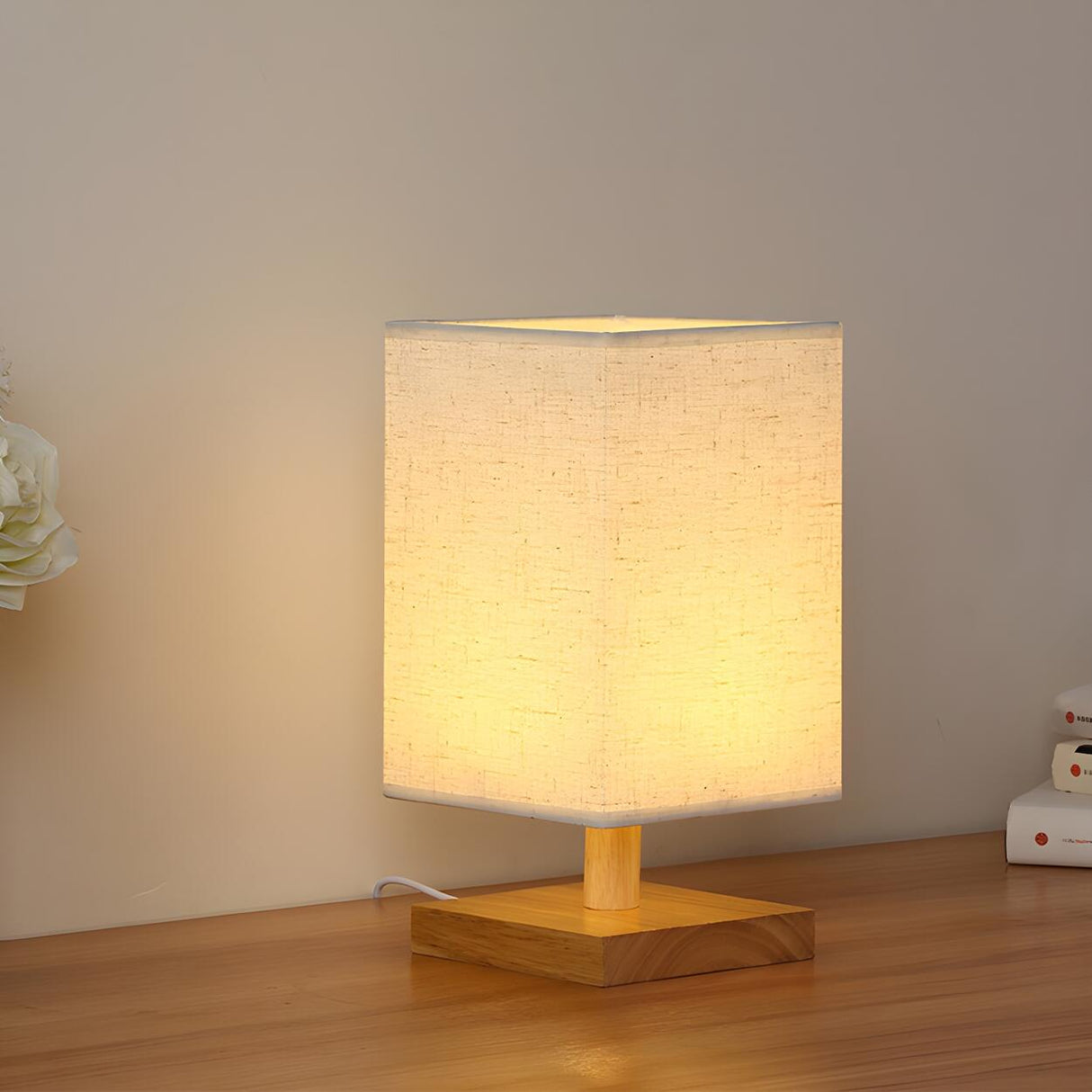 Unique Fabric Shade Wooden Base Rectangular Table Lamp Image - 1