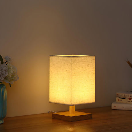 Unique Fabric Shade Wooden Base Rectangular Table Lamp Image - 2